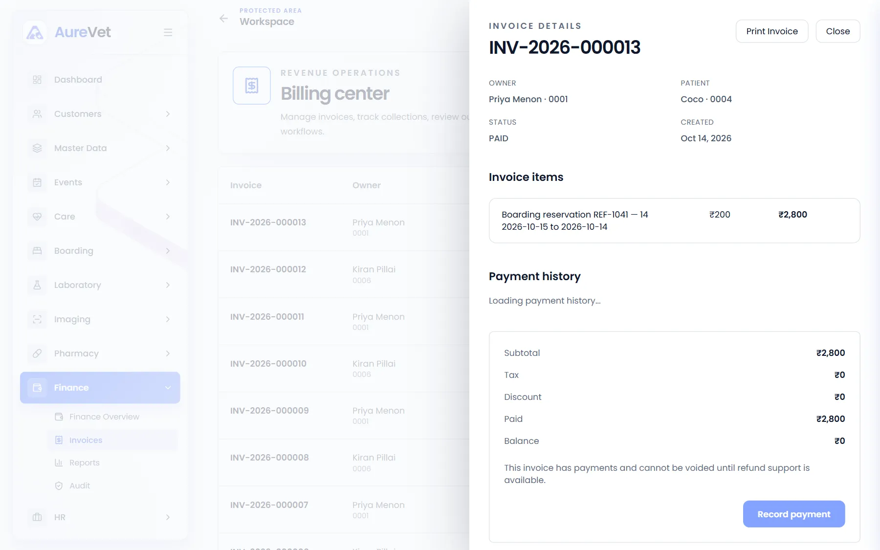 Invoice the visit
